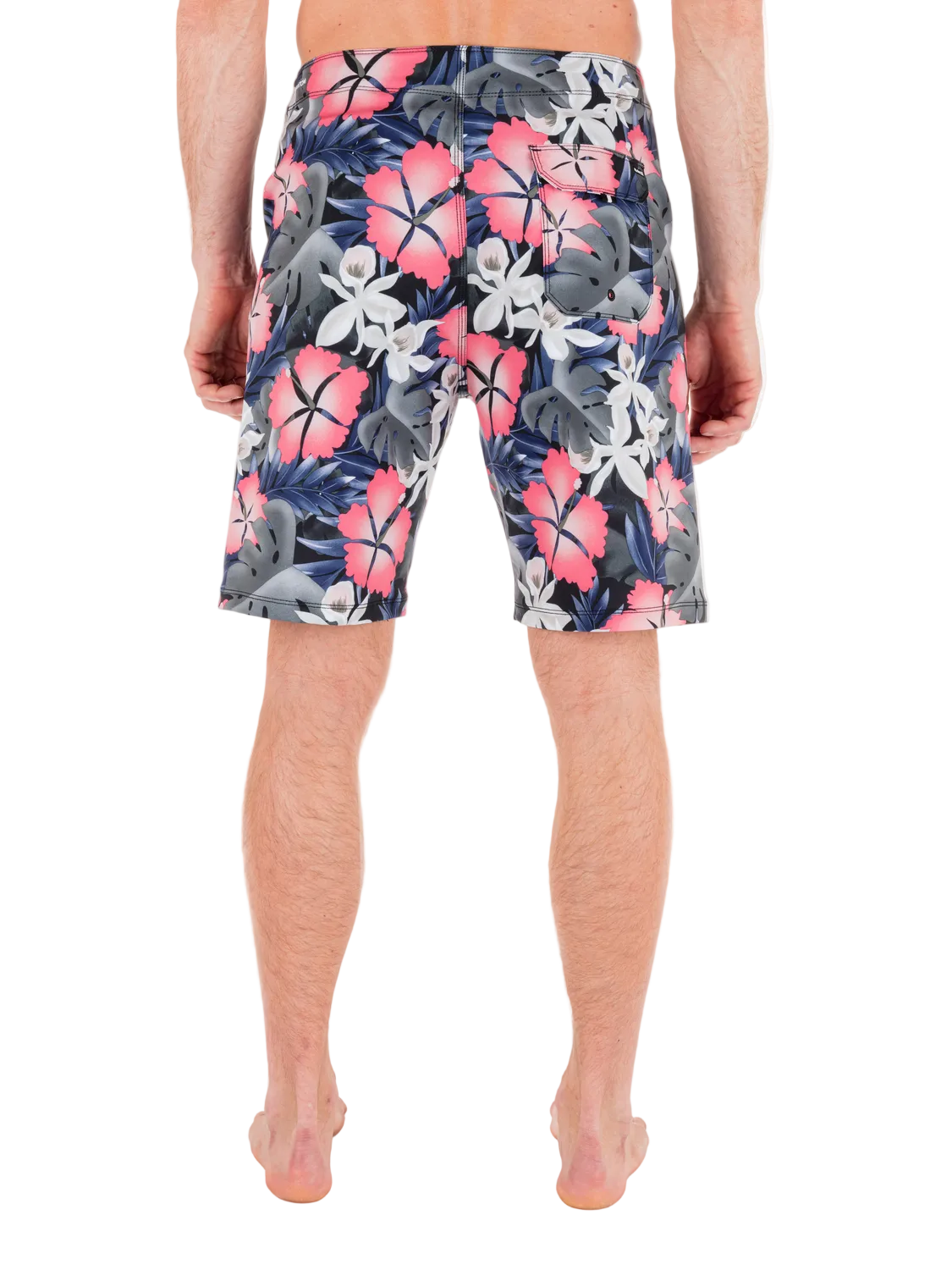 Person wearing floral patterned shorts on a white background