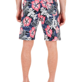 Person wearing floral patterned shorts on a white background