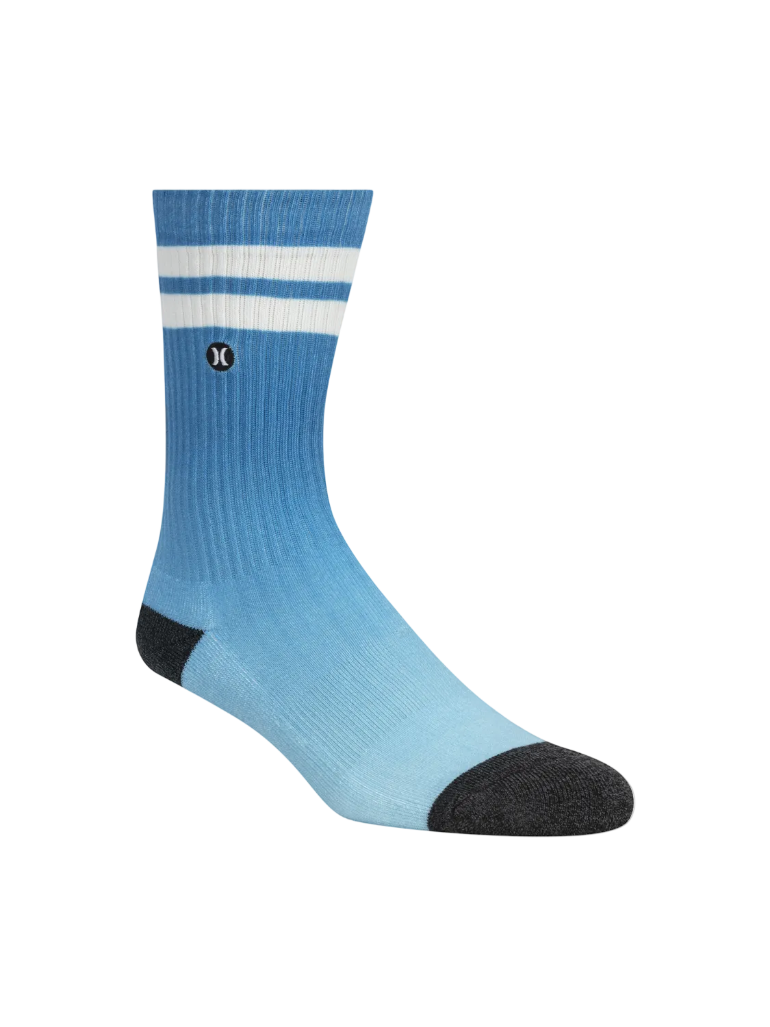Blue sock with white stripes and black toe and heel on a white background