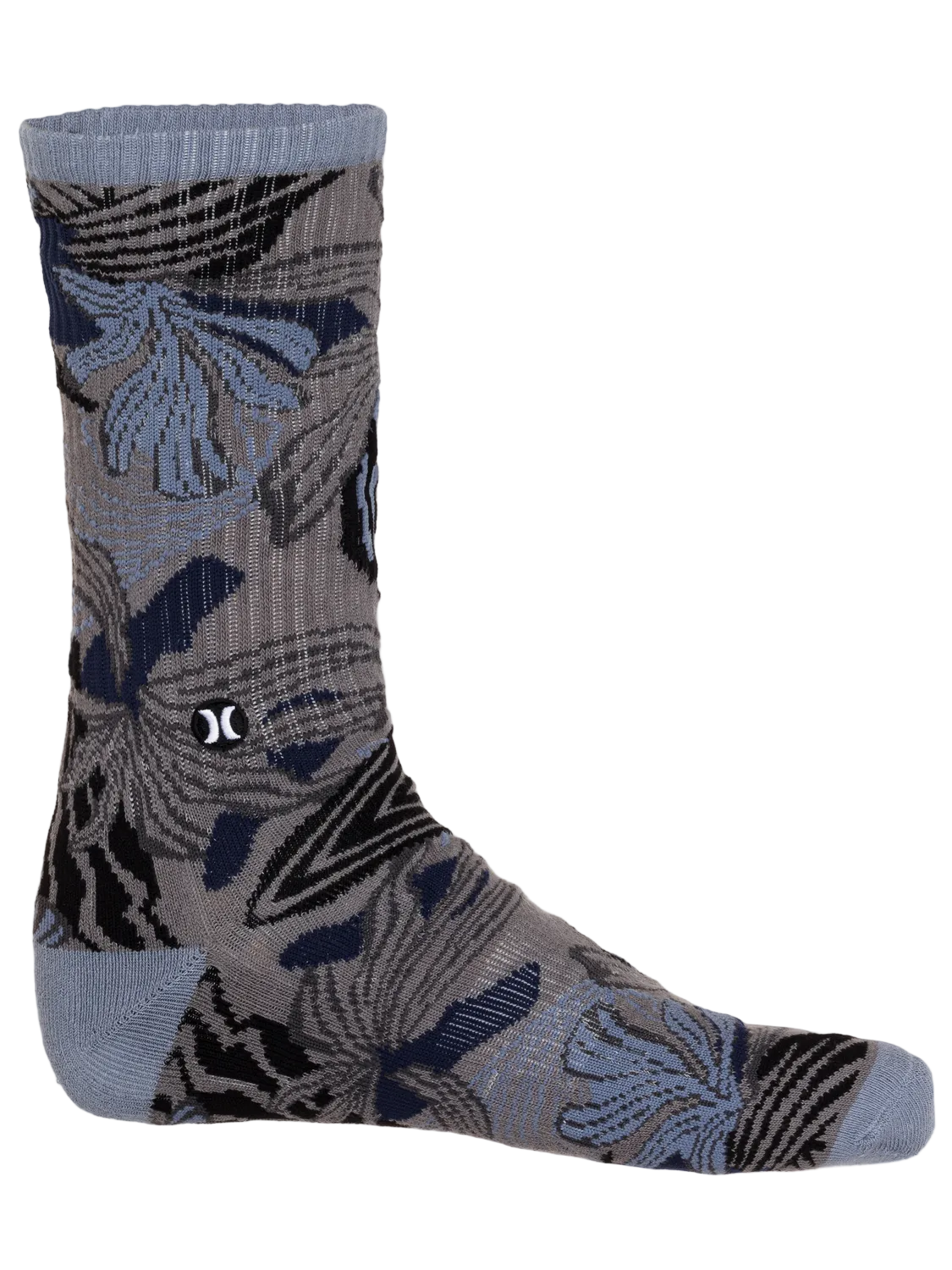 Gray sock with blue floral pattern on a white background