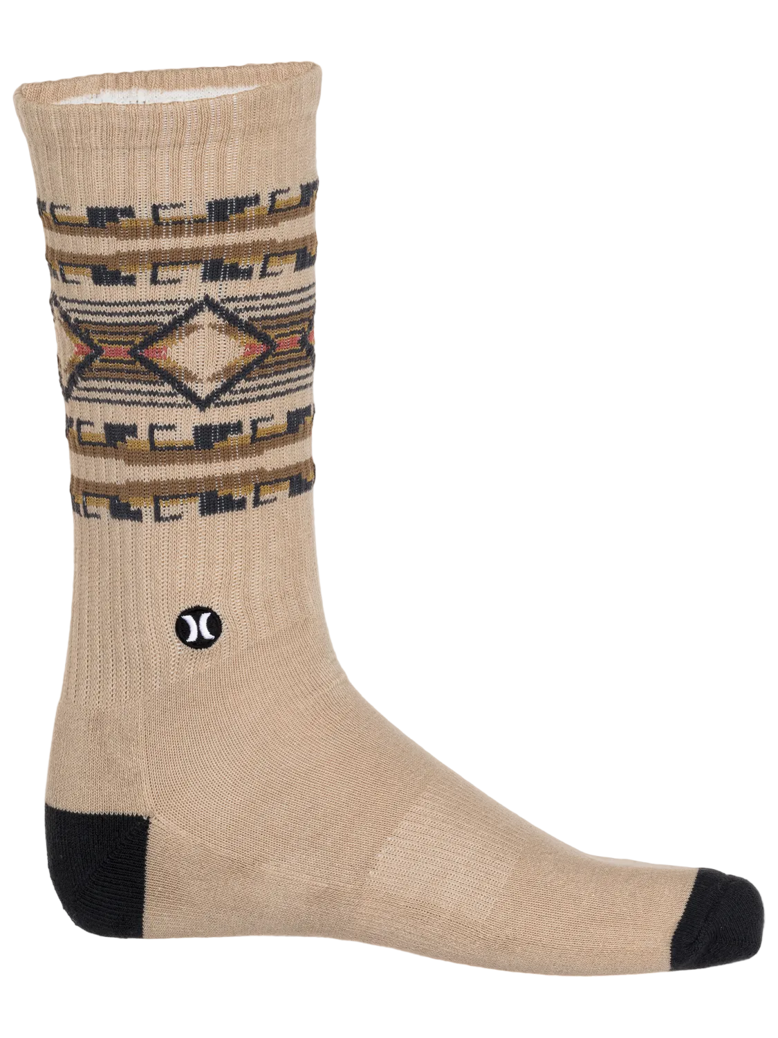 Beige sock with patterned cuff and black sole on a white background