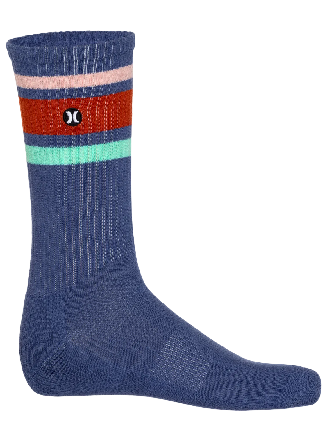 Blue sock with multicolor stripes on a white background