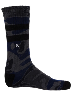 Black and gray camouflage sock with a Hurley logo on a white background