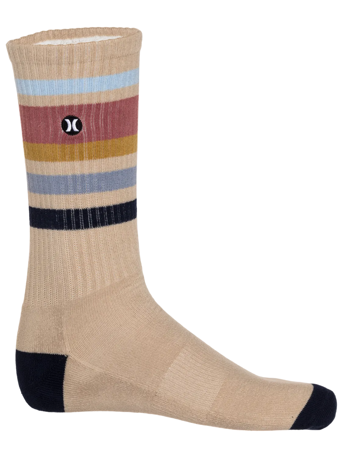 Beige sock with multicolor stripes on a white background