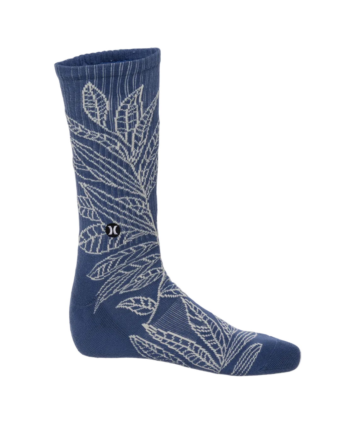 Blue sock with white leaf pattern on a white background