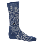 Blue sock with white leaf pattern on a white background