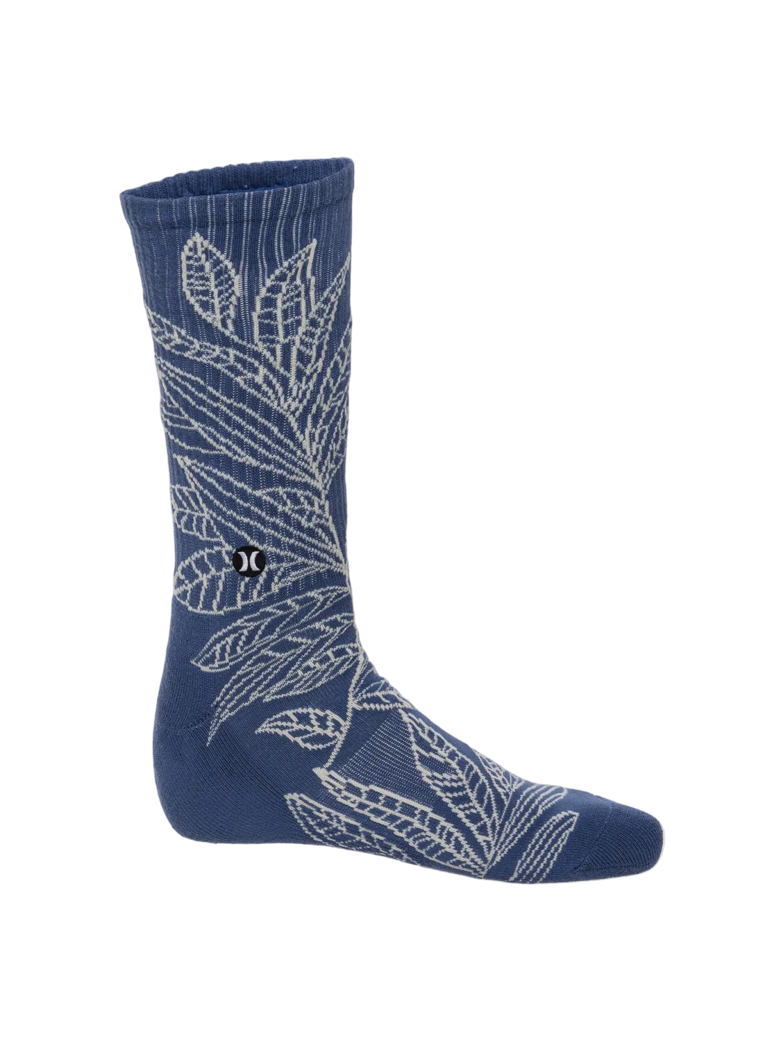 Blue sock with white leaf pattern on a white background