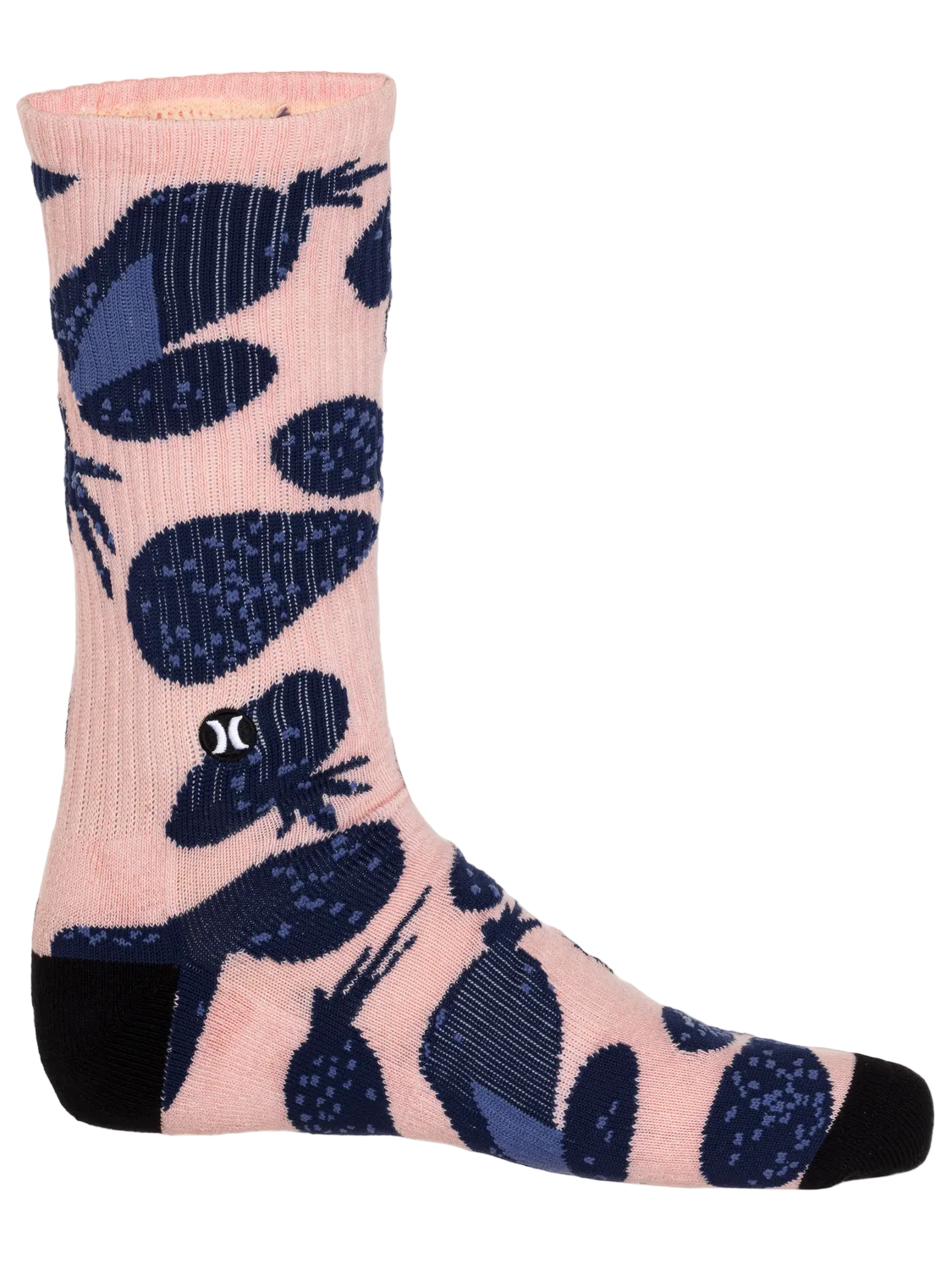 Sock with navy leaf pattern on a pink background