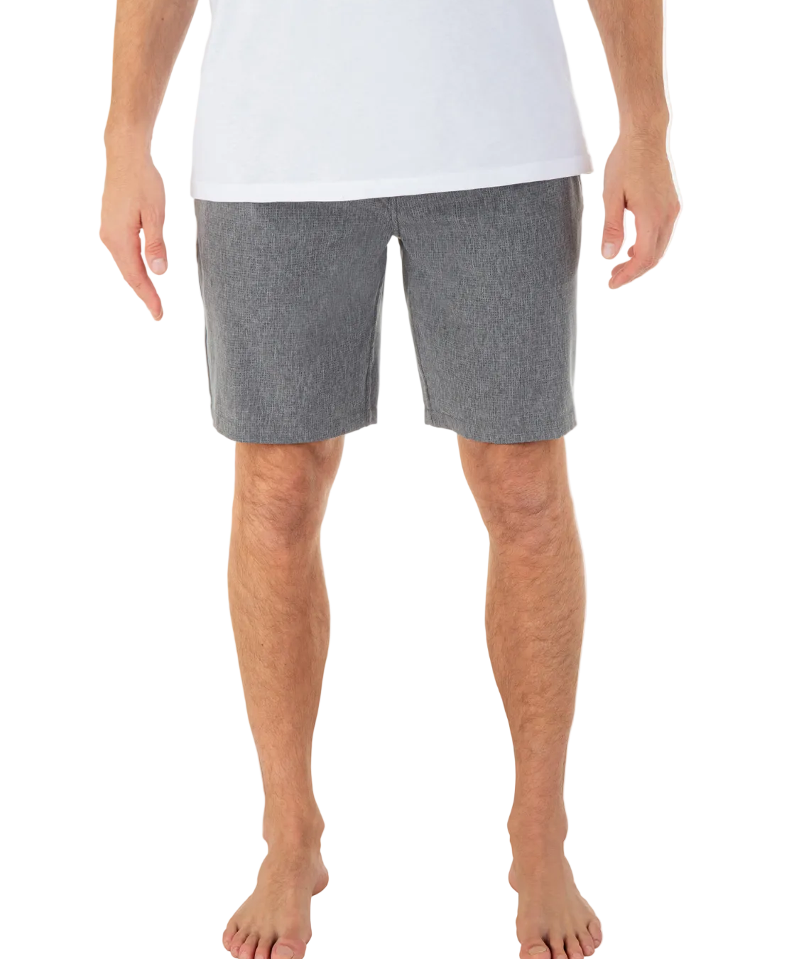 Person wearing gray shorts and a white shirt on a white background