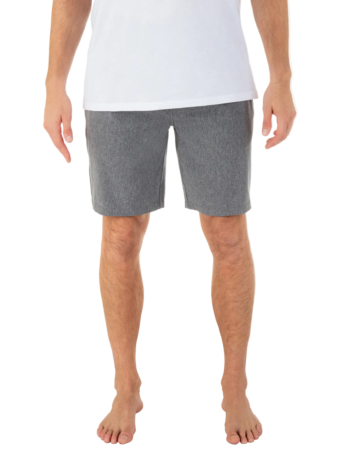 Person wearing gray shorts and a white shirt on a white background