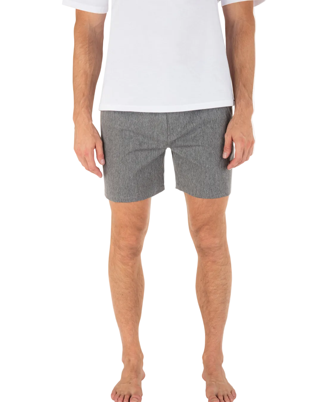 Person wearing gray shorts and a white shirt on a white background