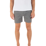 Person wearing gray shorts and a white shirt on a white background