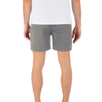 Person wearing gray shorts and a white shirt on a white background