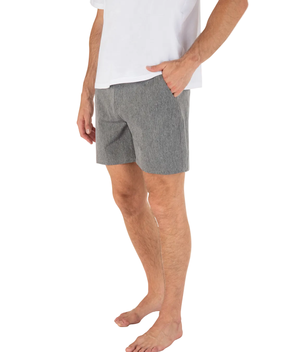 Person wearing gray shorts and a white shirt on a white background