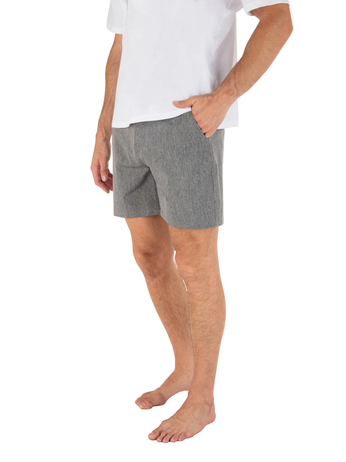 Person wearing gray shorts and a white shirt on a white background