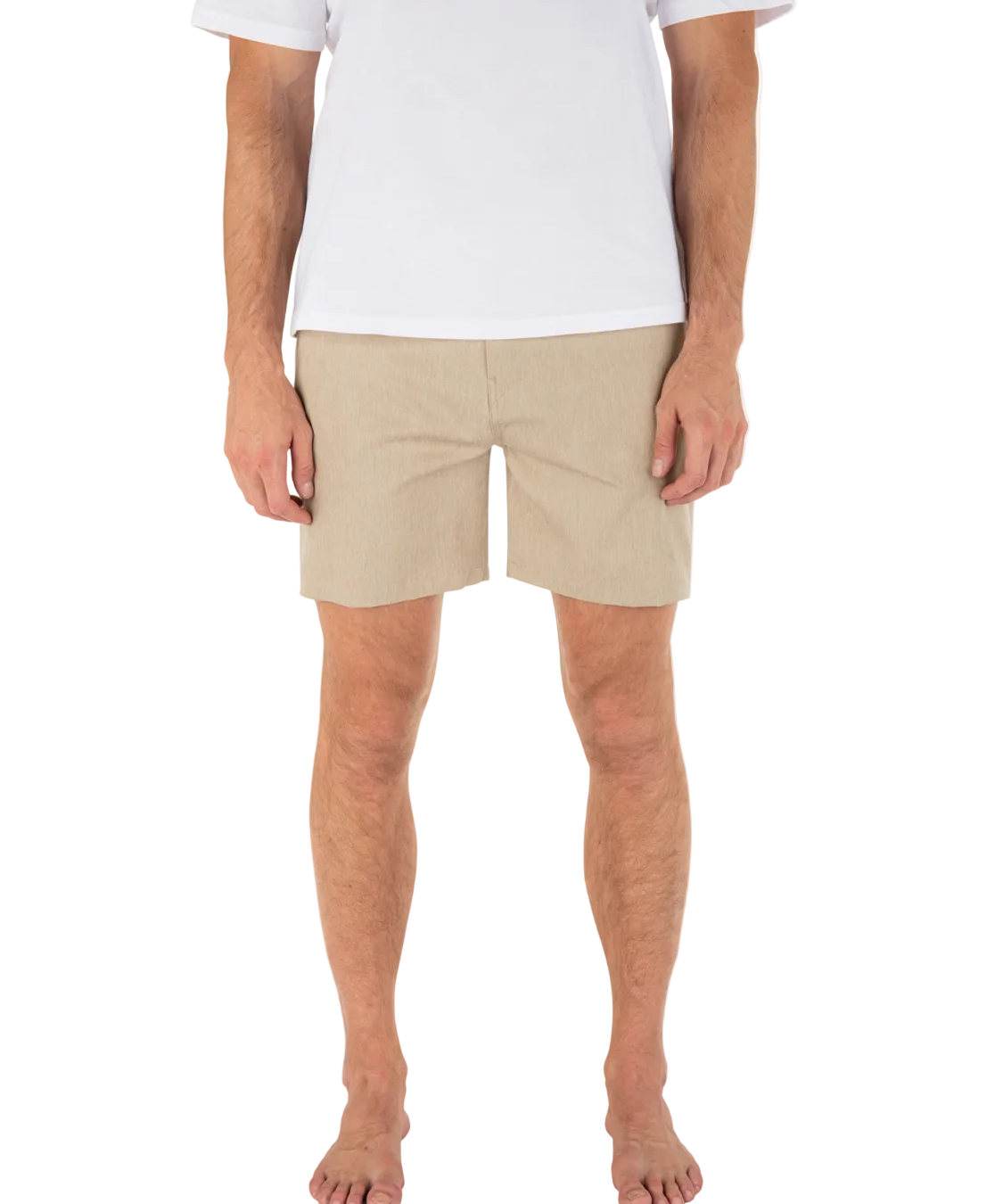 Person wearing beige shorts and a white shirt on a white background