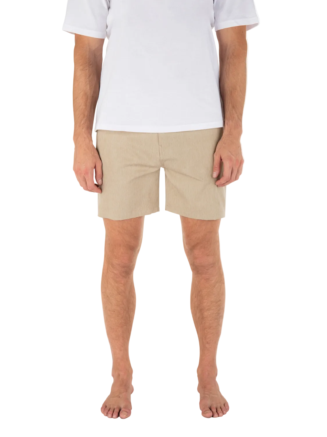 Person wearing beige shorts and a white shirt on a white background