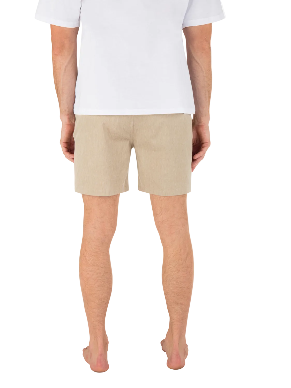 Person wearing beige shorts and a white shirt on a white background