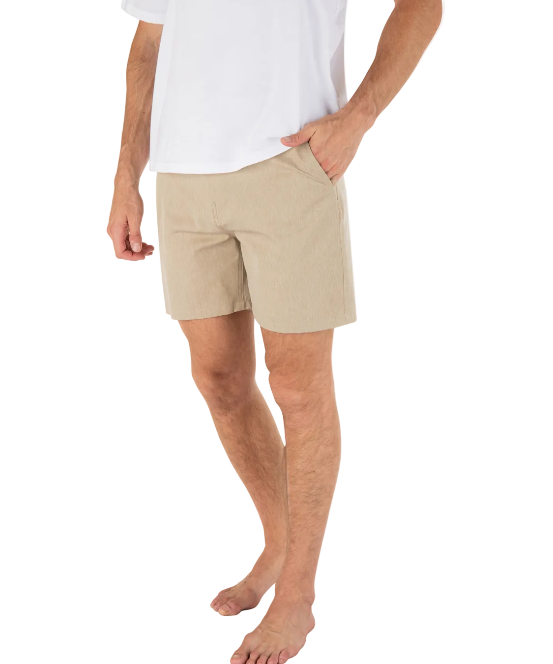 Person wearing beige shorts and a white shirt on a white background