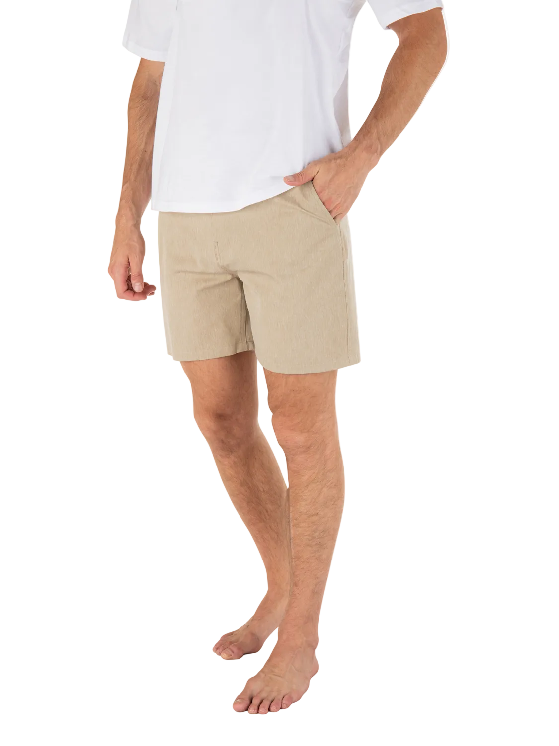Person wearing beige shorts and a white shirt on a white background