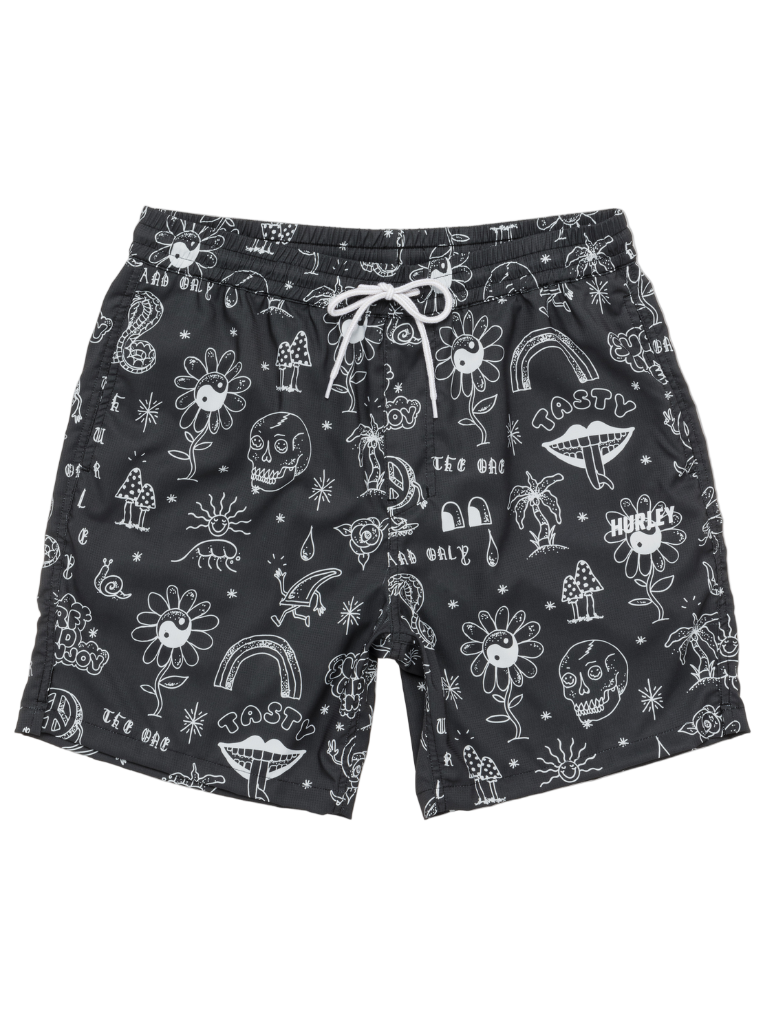 Black shorts with white graphic designs on a white background