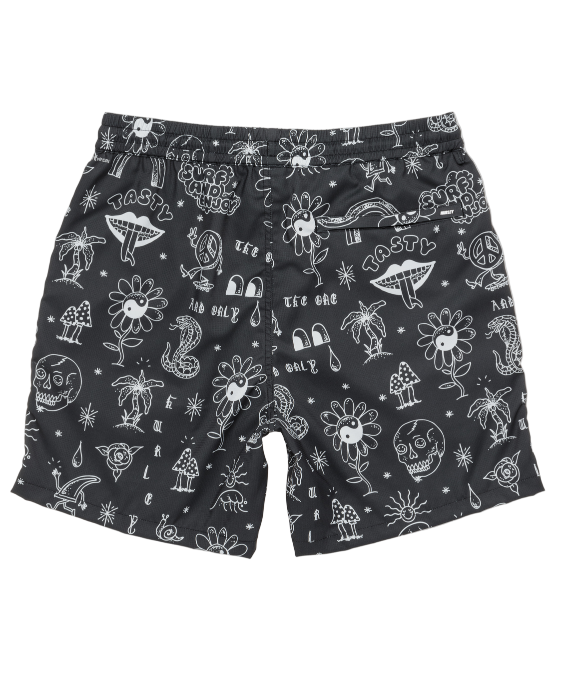 Black shorts with white graphic designs on a white background