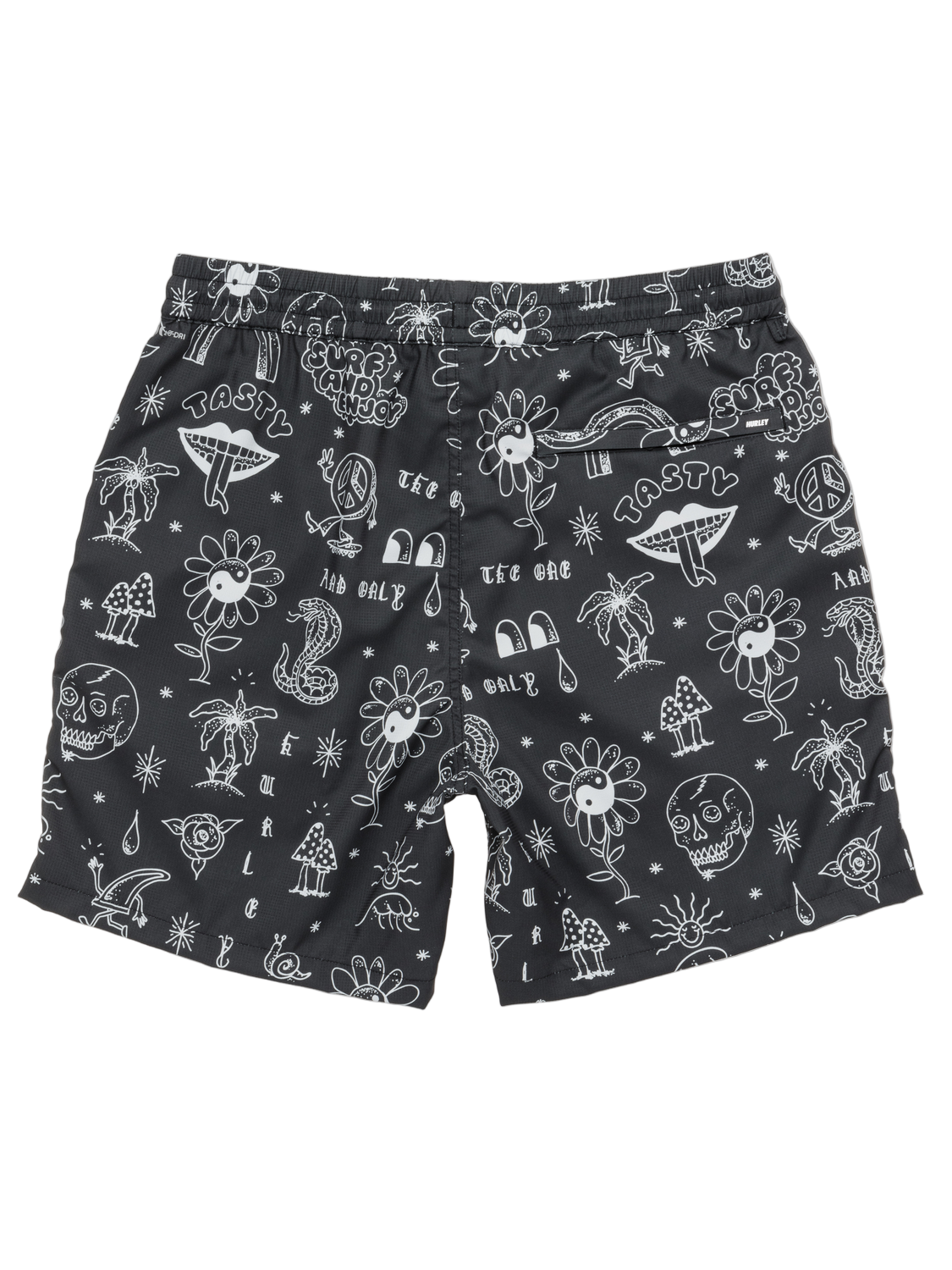 Black shorts with white graphic designs on a white background