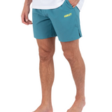 Person wearing teal Hurley shorts on a white background