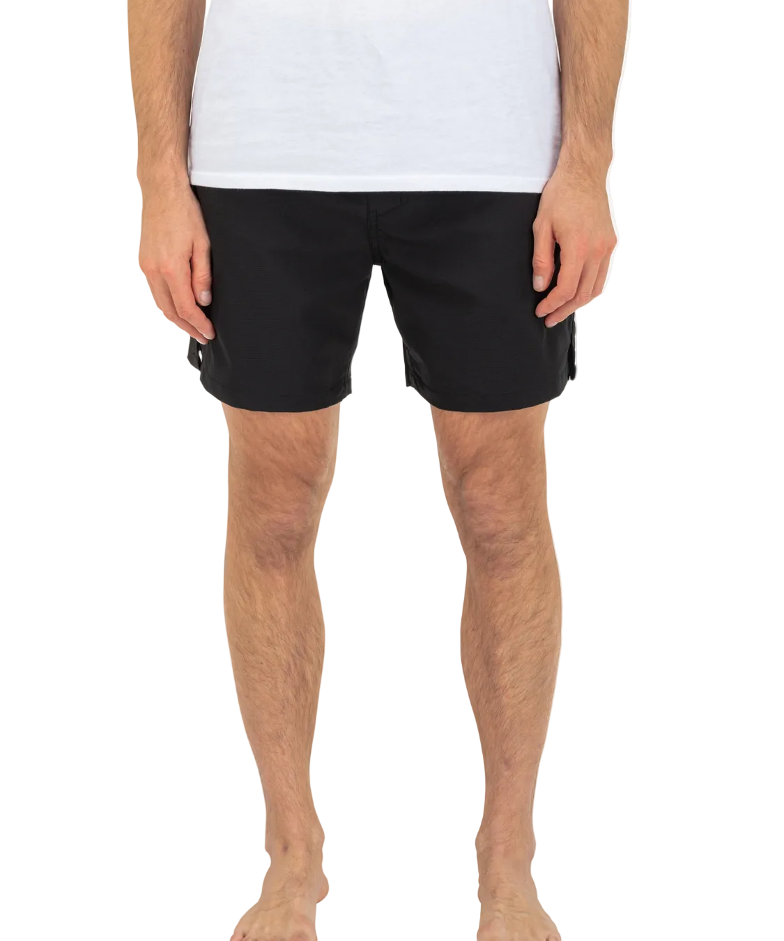 Person wearing black shorts and a white shirt on a white background