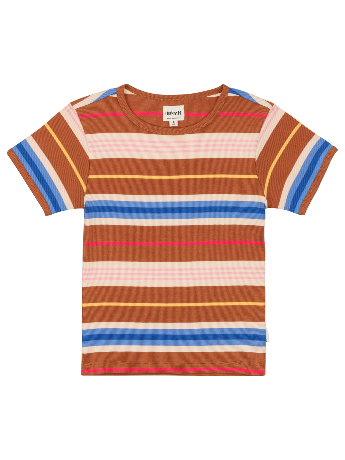 Multicolored striped t-shirt on a white background