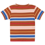 Striped t-shirt with brown, blue, pink, and white colors on a white background