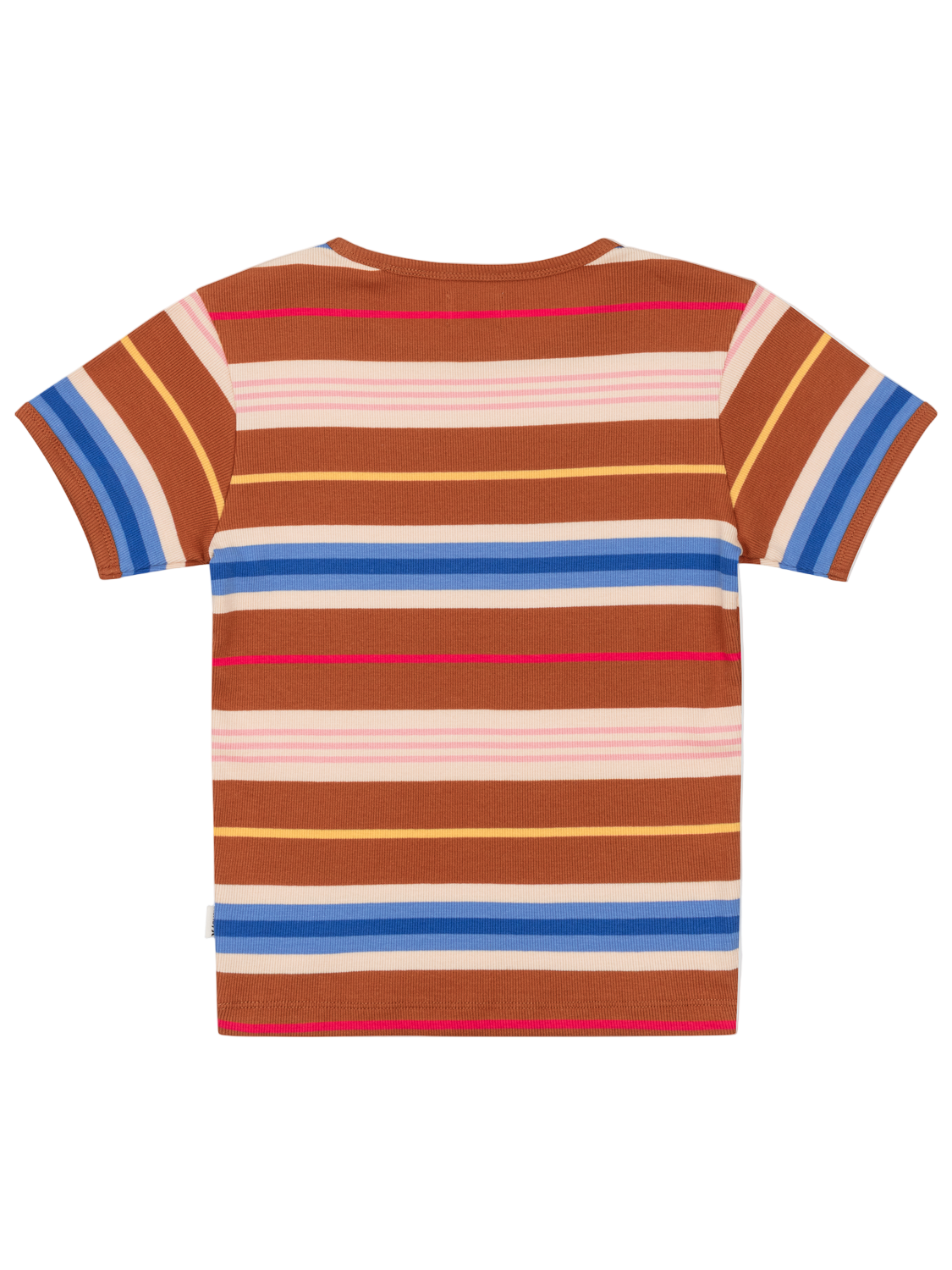 Striped t-shirt with brown, blue, pink, and white colors on a white background