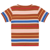 Striped t-shirt with brown, blue, pink, and white colors on a white background