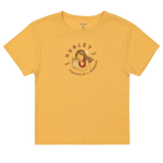 Yellow t-shirt with a graphic design on a white background