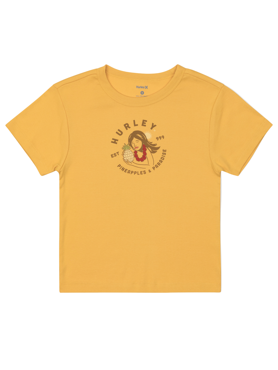 Yellow t-shirt with a graphic design on a white background