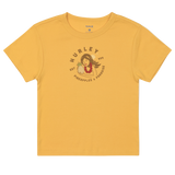 Yellow t-shirt with a graphic design on a white background