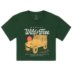 Green t-shirt with a graphic of a vintage jeep and 'Wild & Free' text on a white background