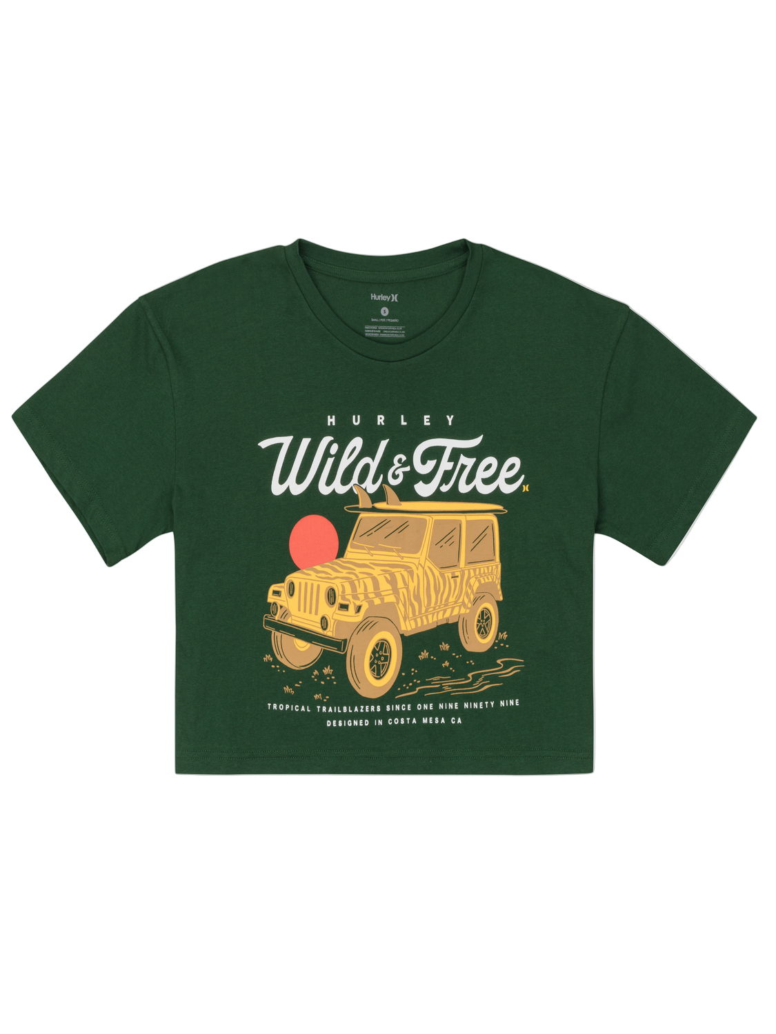 Green t-shirt with a graphic of a vintage jeep and 'Wild & Free' text on a white background