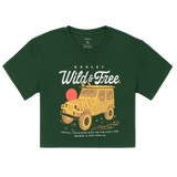 Green t-shirt with a graphic of a vintage jeep and 'Wild & Free' text on a white background