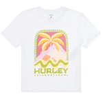White t-shirt with colorful palm tree design and 'Hurley International' text on a white background