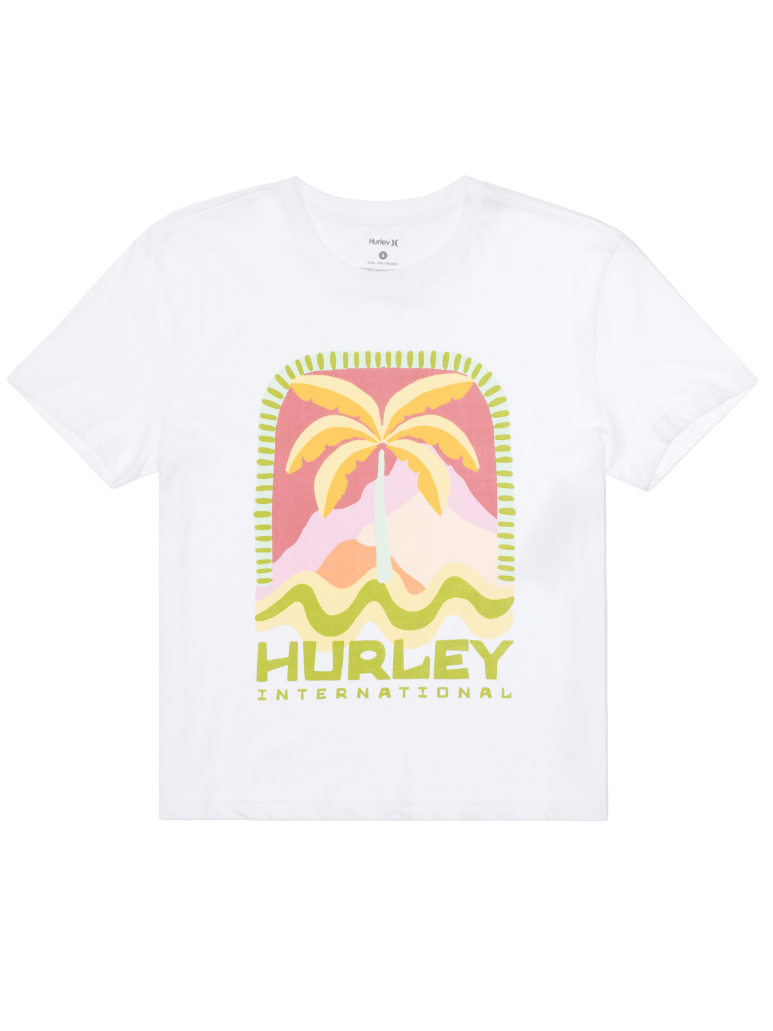 White t-shirt with colorful palm tree design and 'Hurley International' text on a white background