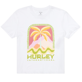 White t-shirt with colorful palm tree design and 'Hurley International' text on a white background