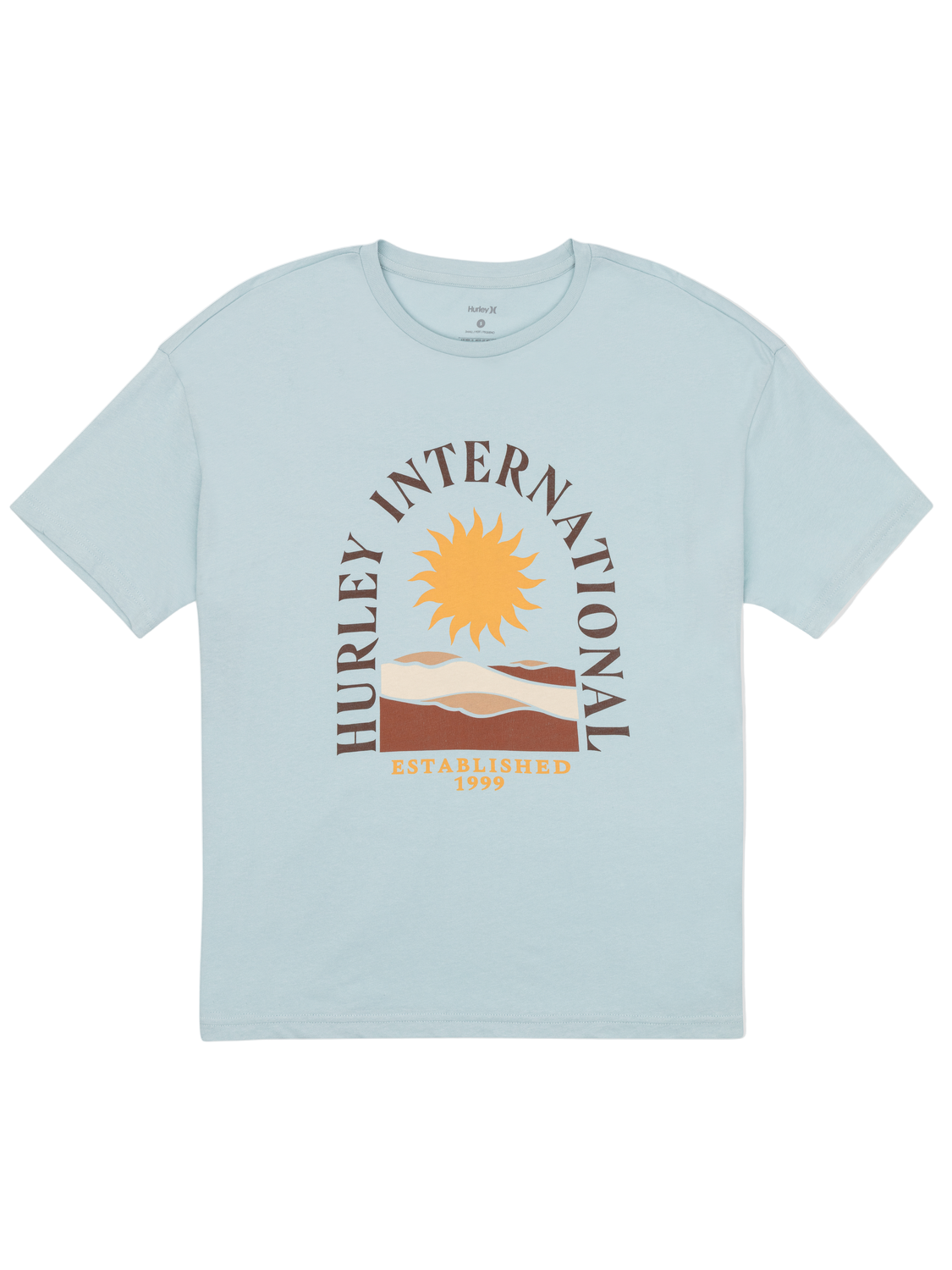 Light blue t-shirt with 'Hurley International' graphic on a white background