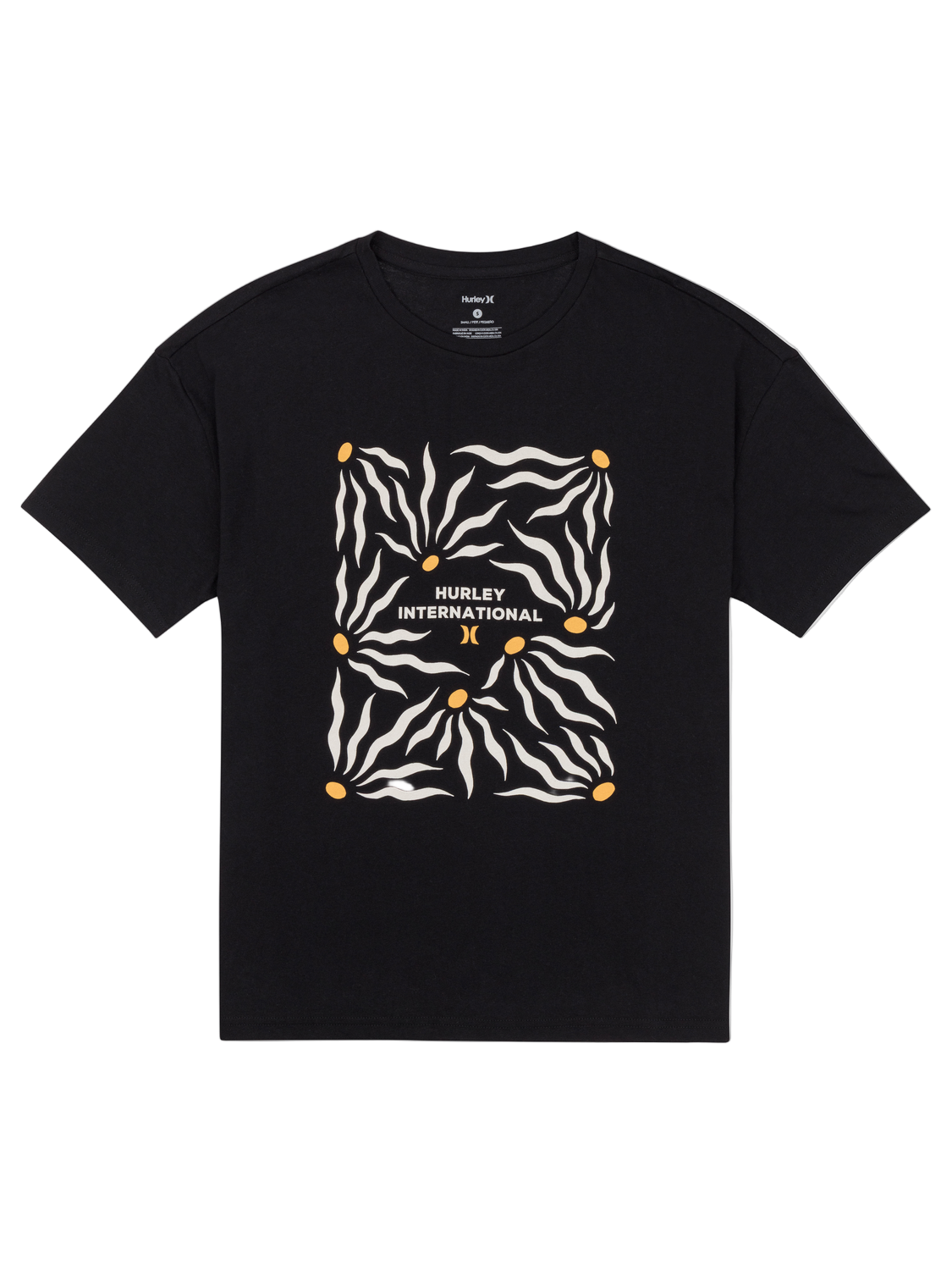 Black t-shirt with zebra print design and 'Hurley International' text on a white background