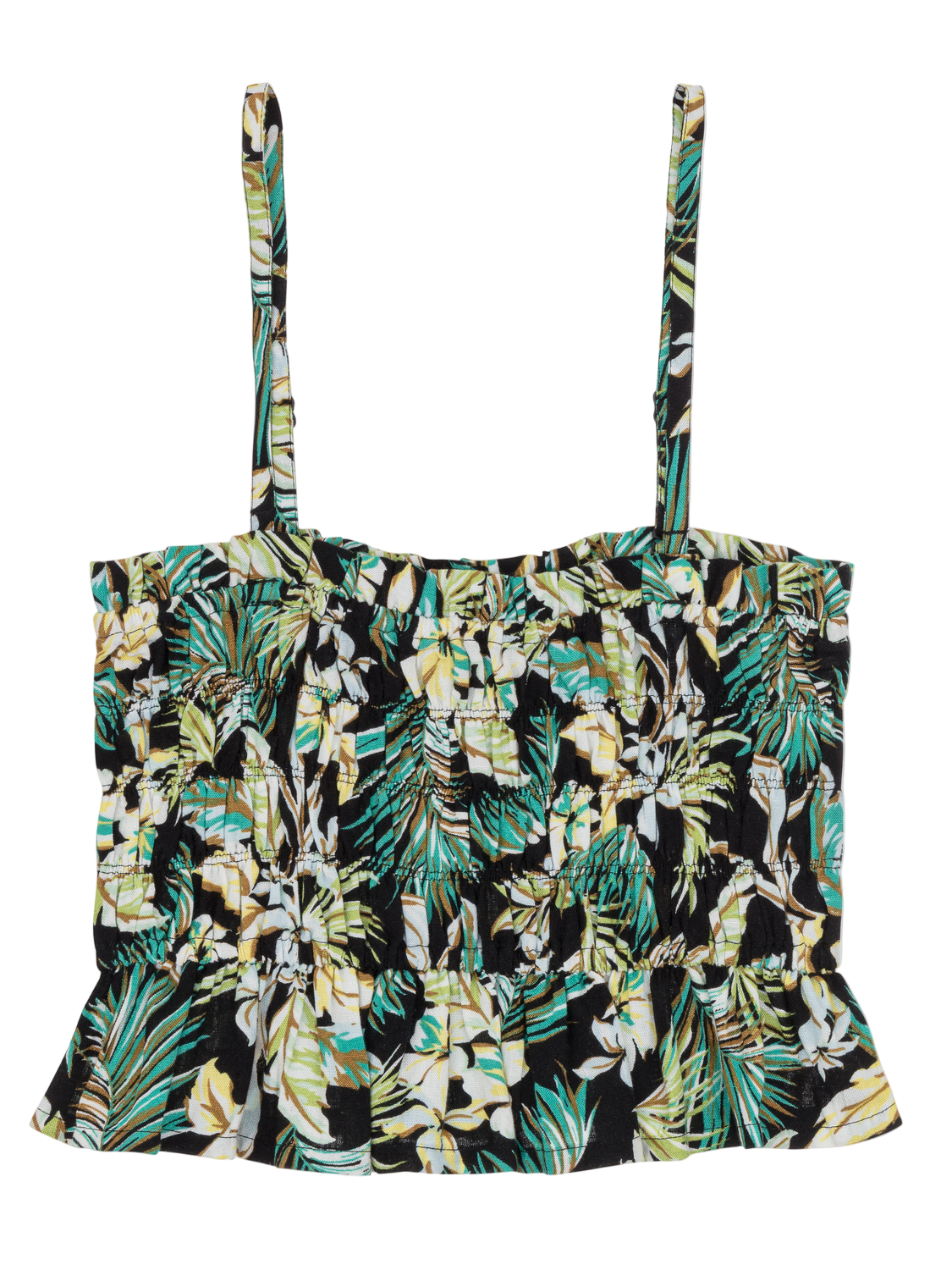 Floral patterned top with thin straps on a white background