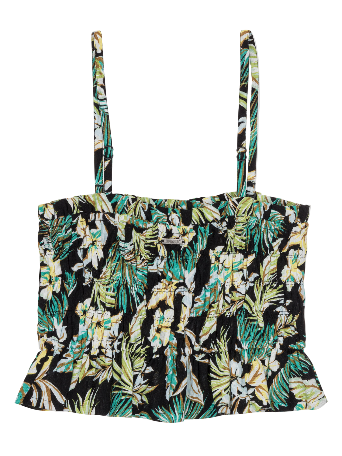 Tropical patterned top with thin straps on a white background