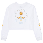 White sweatshirt with a logo on a white background