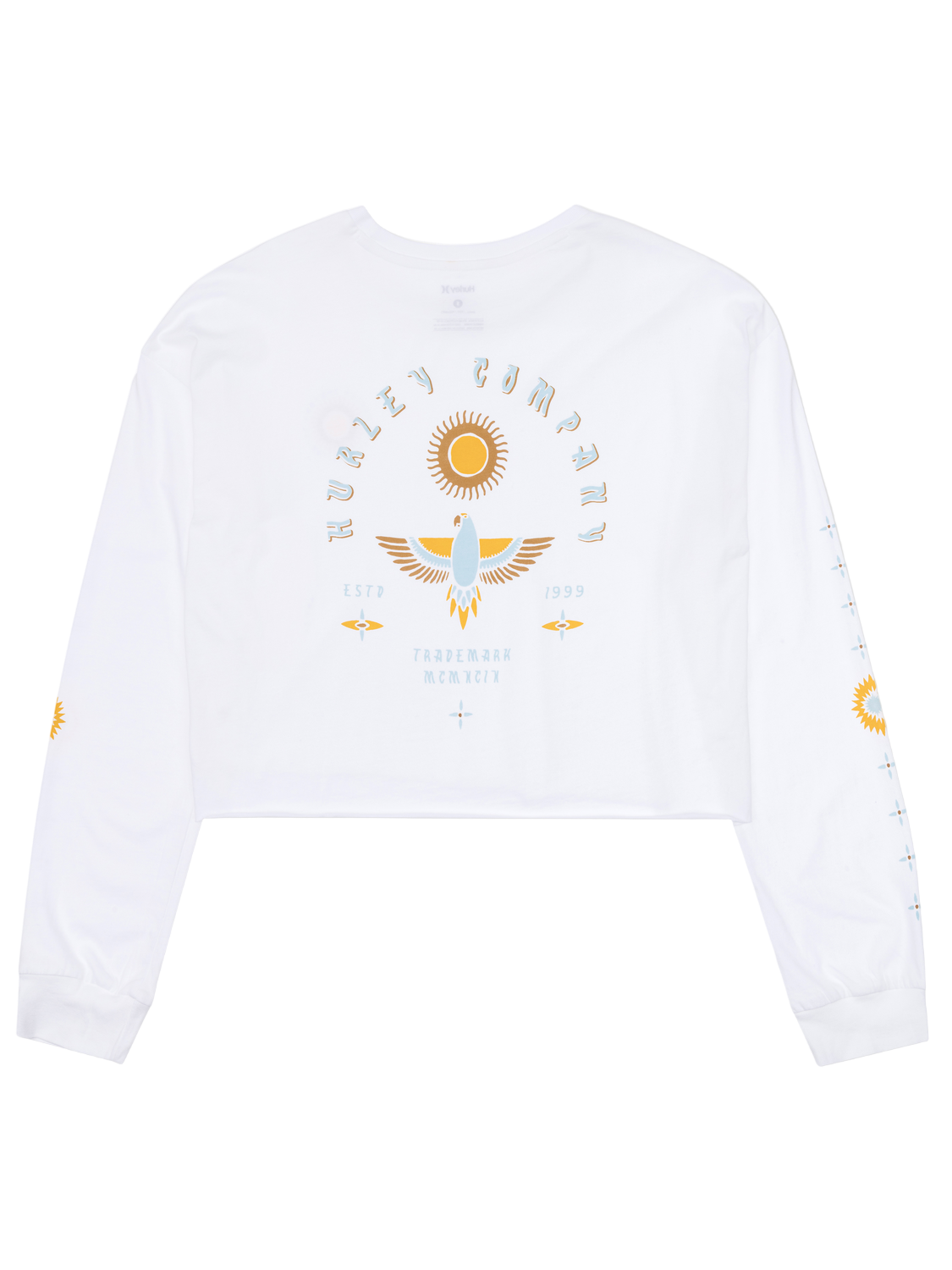 White sweatshirt with a logo on a white background