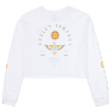 White sweatshirt with a logo on a white background