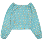Blue floral-patterned long-sleeve top on a white background